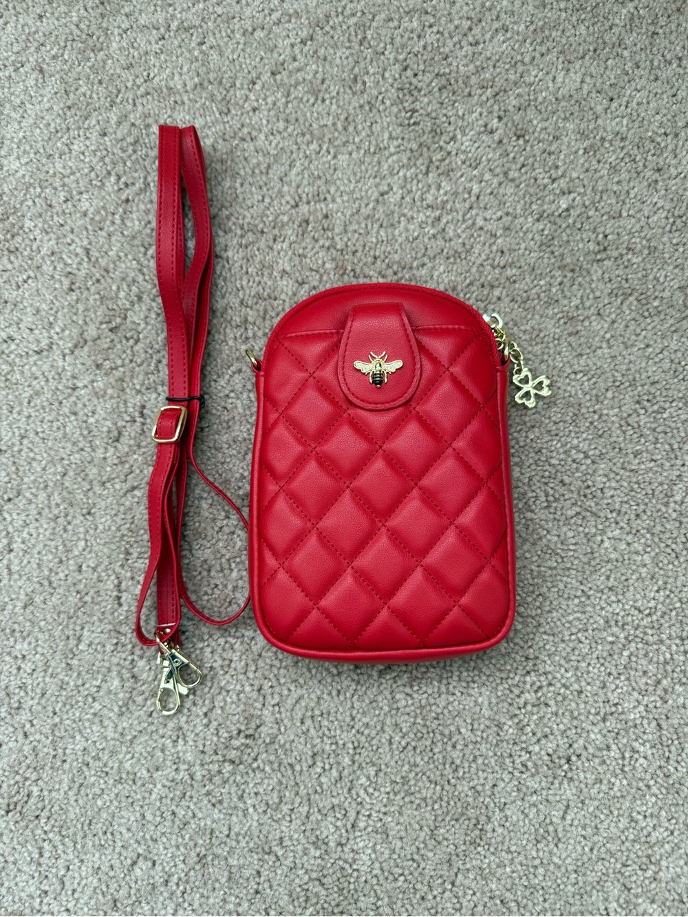 Red Quilted Crossbody Phone Bag with Bee Accent